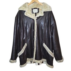 Learsi Men’s 3X Faux Leather Sherpa Lined Brown Jacket Aviator Shearling Coat